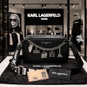 Karl Lagerfeld Paris Black Crossbody Camera Bag Charm Chain Strap NWT